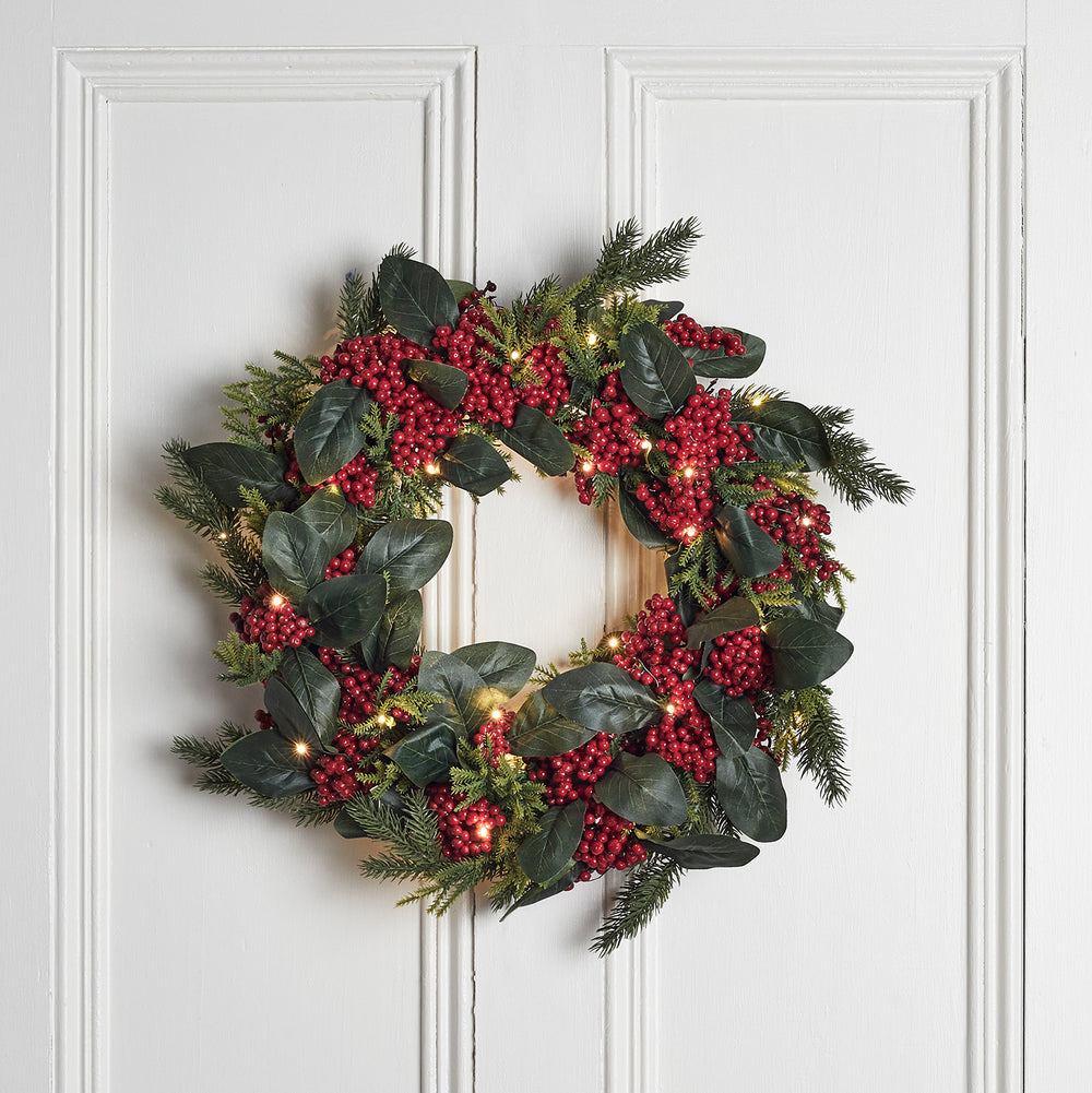 Couronne de Noël Pré-illuminée aux Baies Rouges de 50 cm