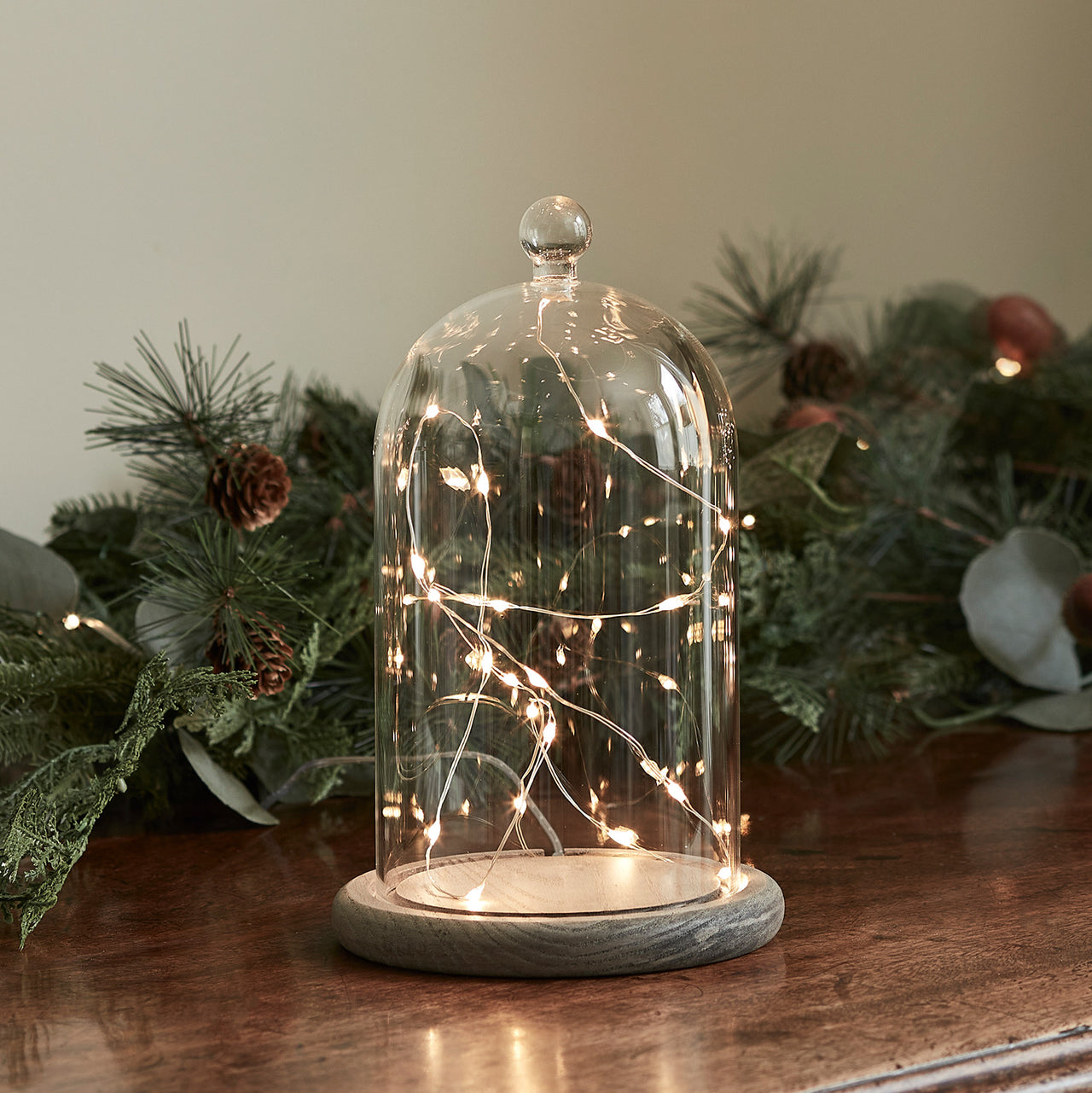 Cloche en Verre avec Base en Bois Gris de 20,5 cm