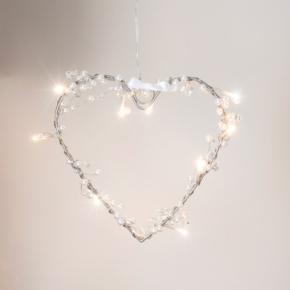 Cœur Lumineux Orné de Perles à 10 LED Blanc Chaud