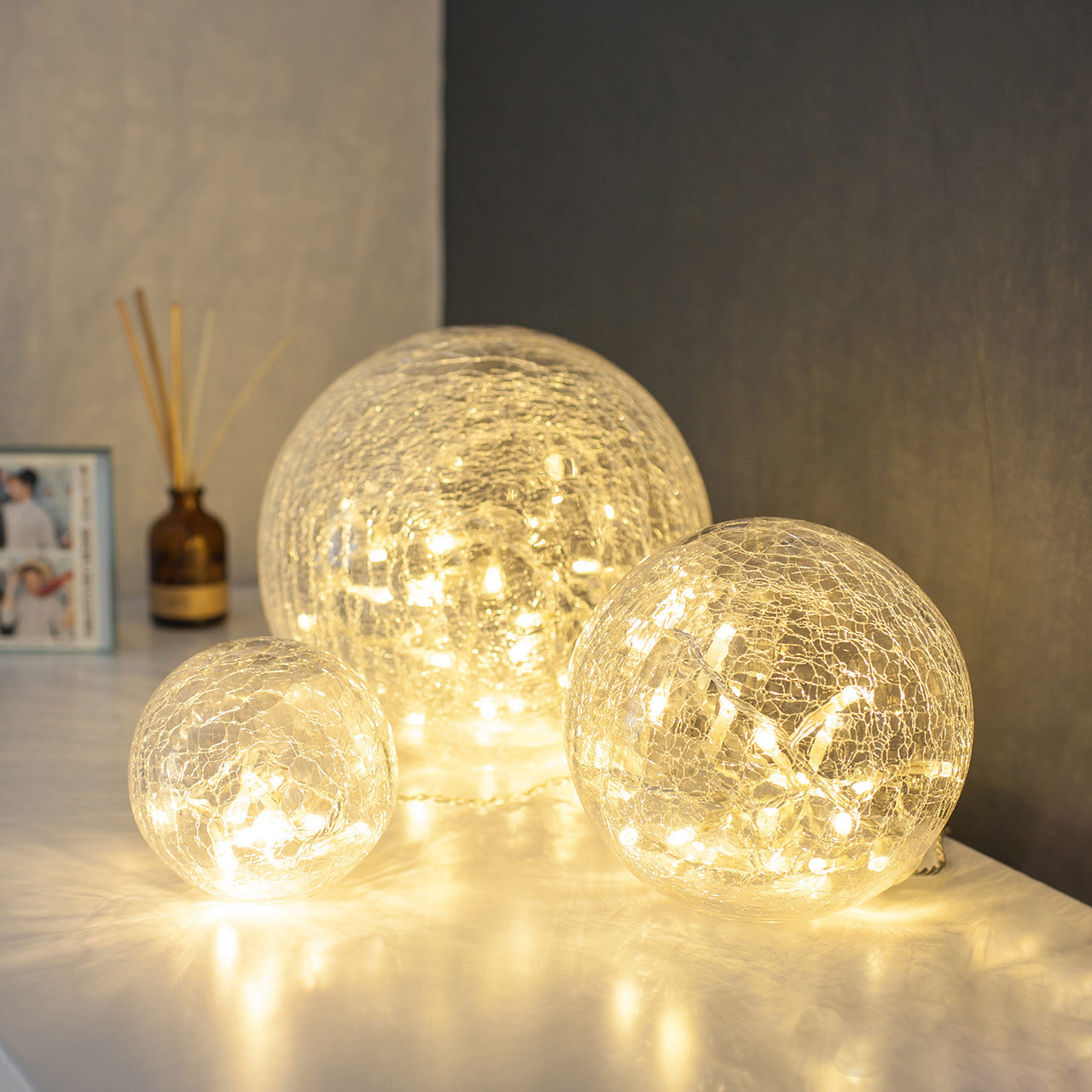 Lot de 3 Boules Lumineuses en Verre Craquelé