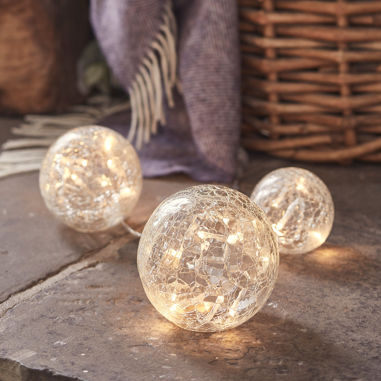 Lot de 3 Boules Lumineuses en Verre Craquelé à Piles