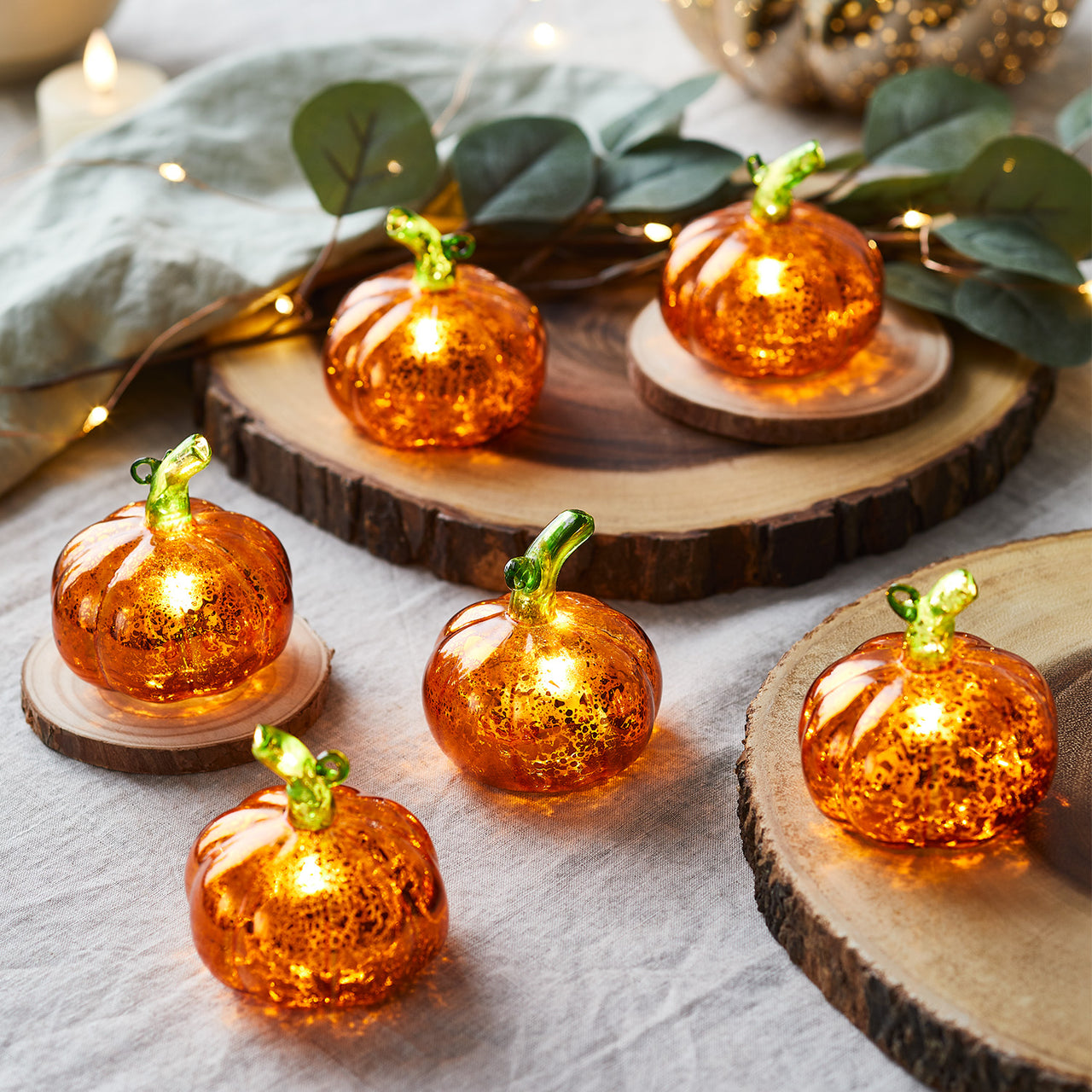 6 Citrouilles Lumineuses Miniatures en Verre