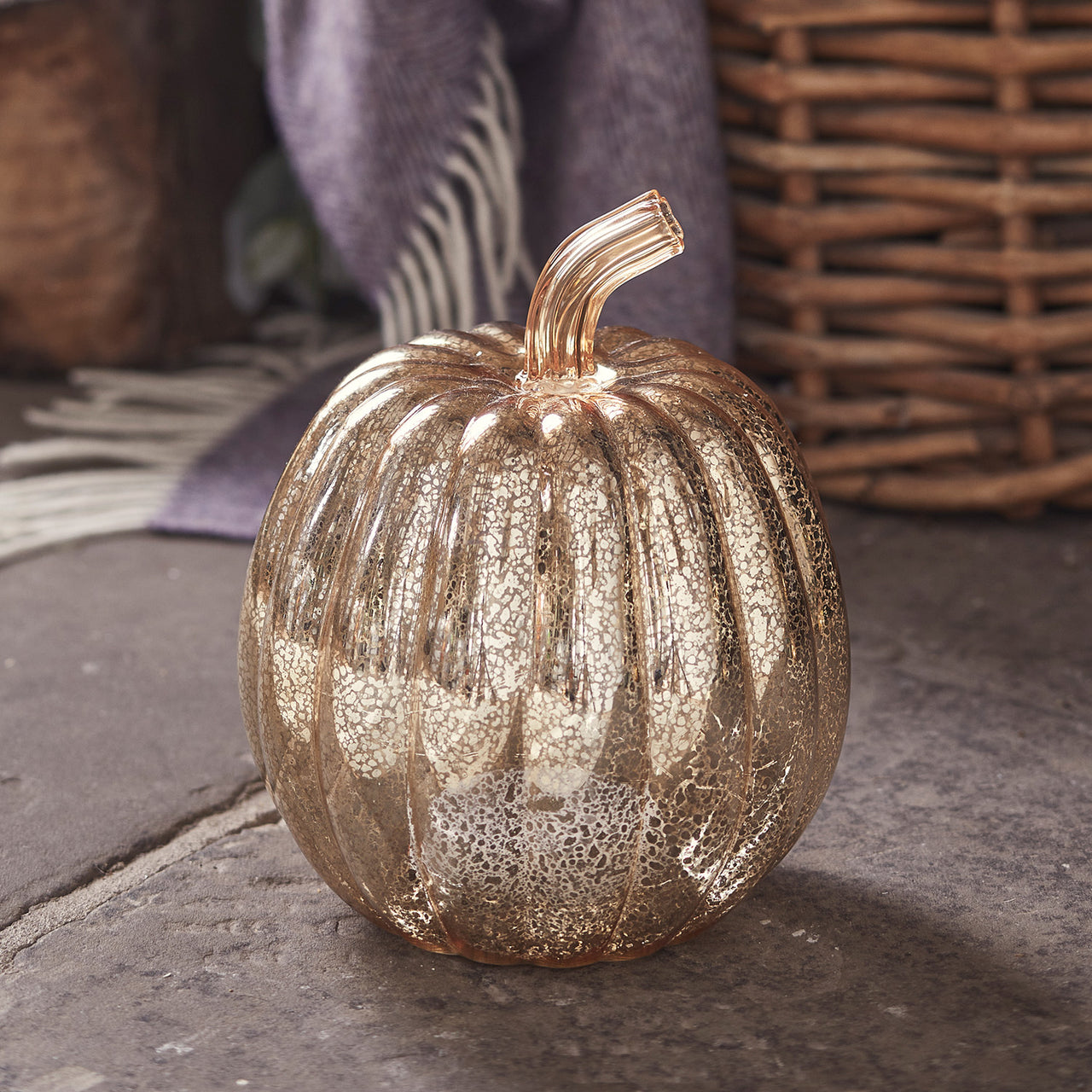 Ensemble de Citrouille et Courge Lumineuses en Verre à la Patine Dorée
