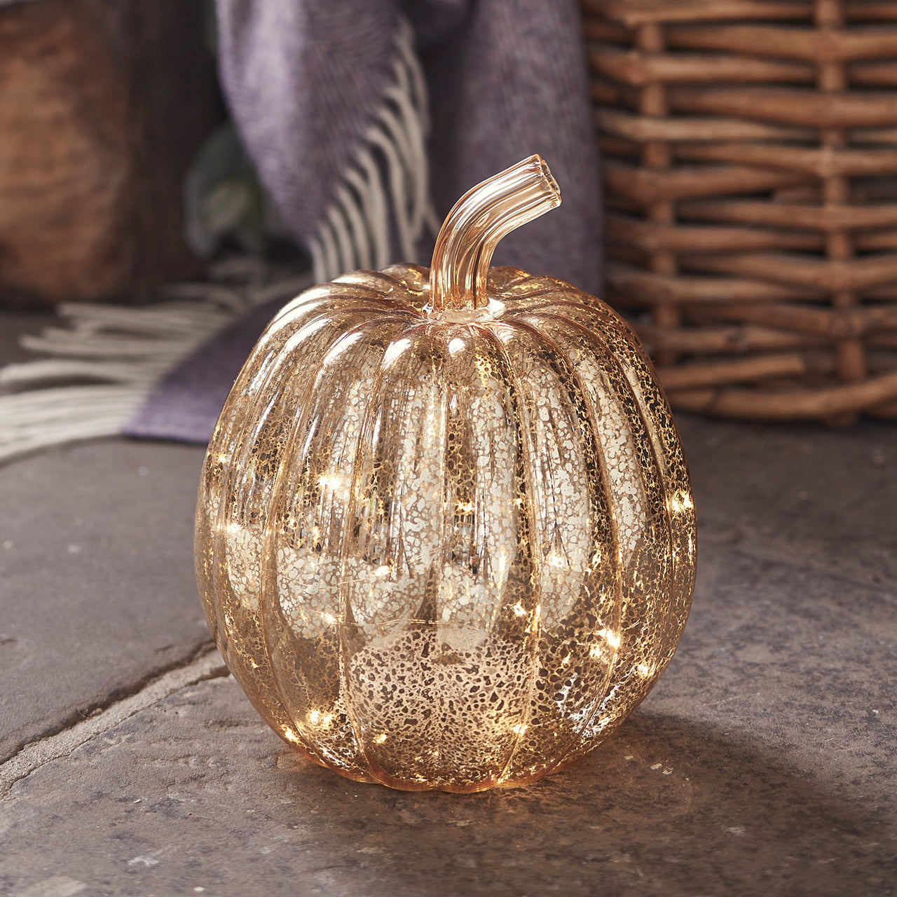 Ensemble de Citrouille et Courge Lumineuses en Verre à la Patine Dorée