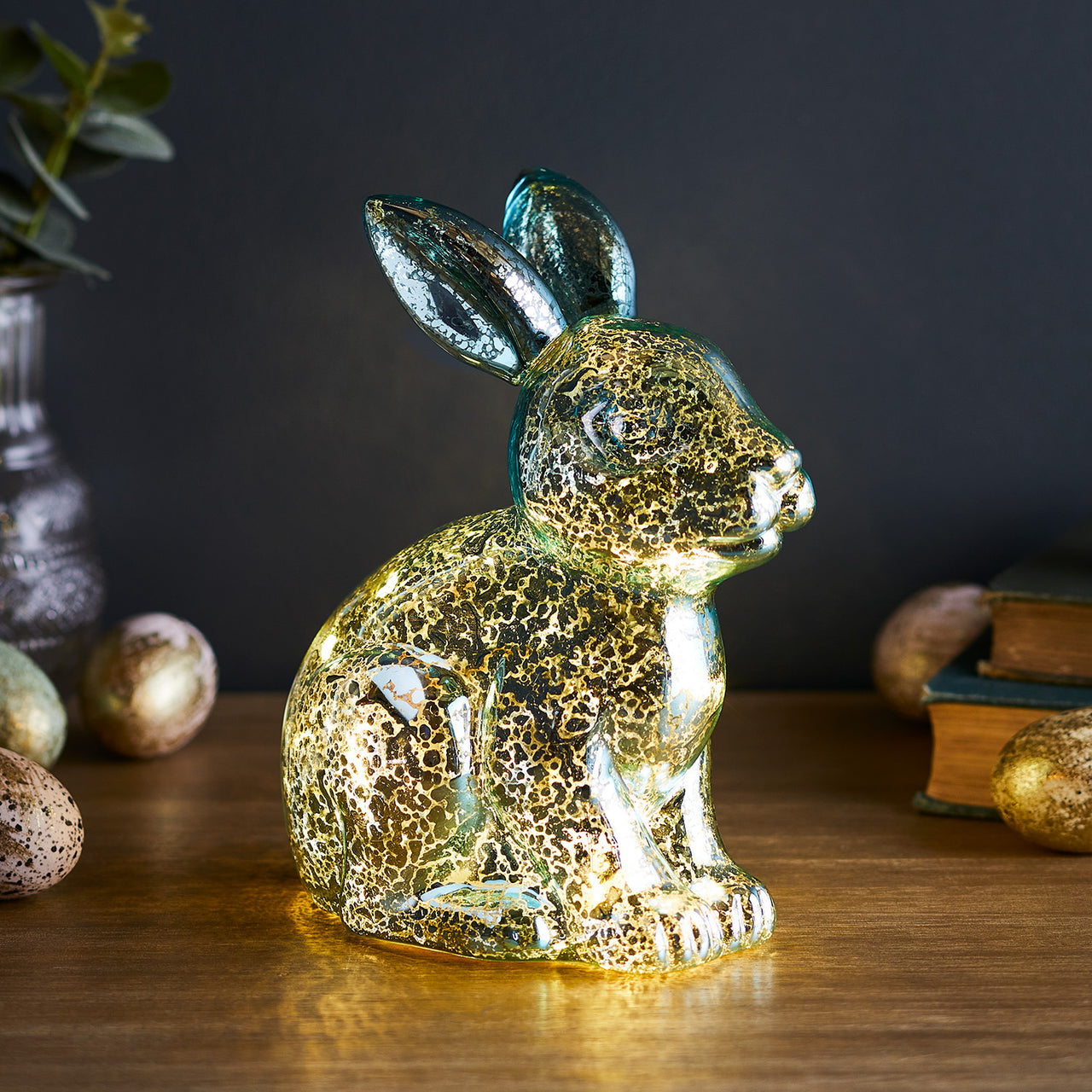 Déco de Pâques Lapin Lumineux en Verre Moucheté