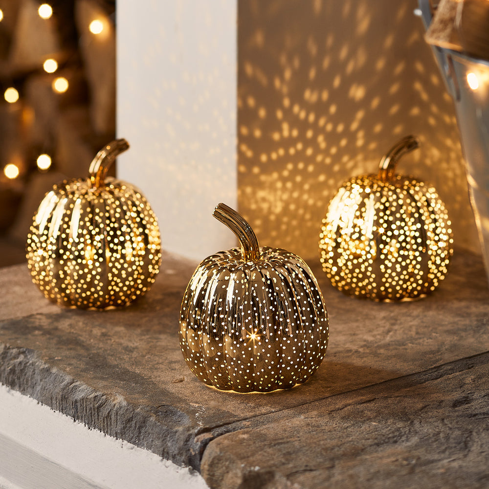 3 Citrouilles Lumineuses Mouchetées Cuivre en Verre
