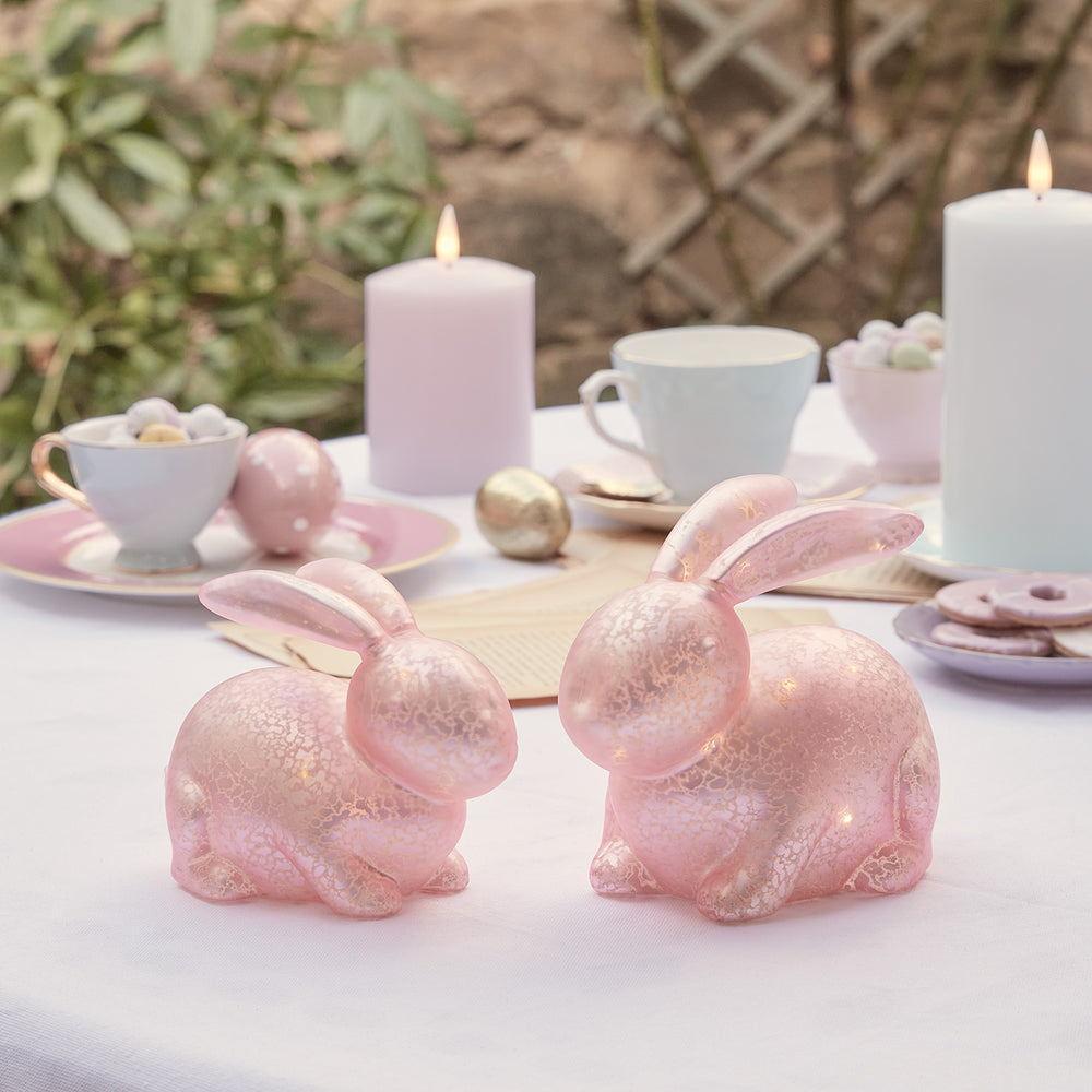 Lot de 2 Décos de Pâques, Lapins Lumineux Roses en Verre Moucheté