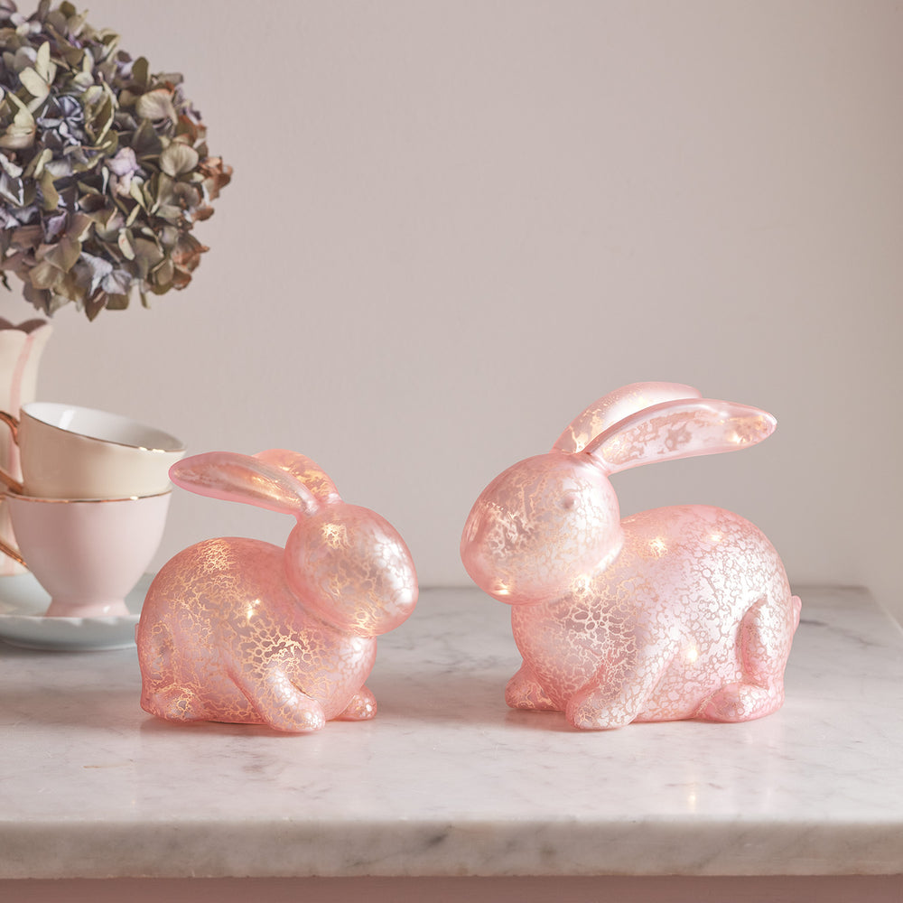 Lot de 2 Décos de Pâques, Lapins Lumineux Roses en Verre Moucheté