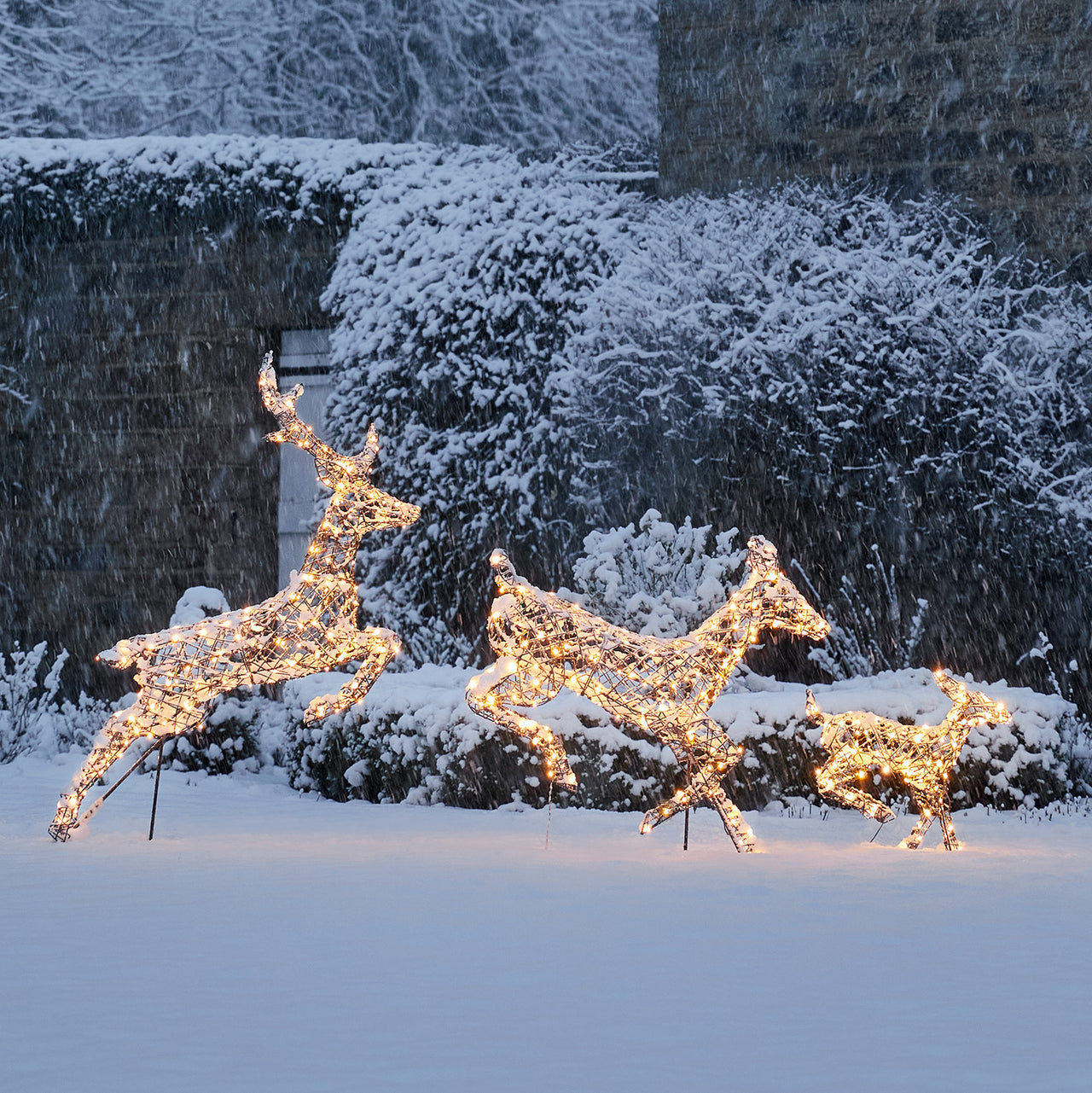 Trio de biche et faon de noël Harlow en rotin 300 LED couleur changeante vue jardin eneigé