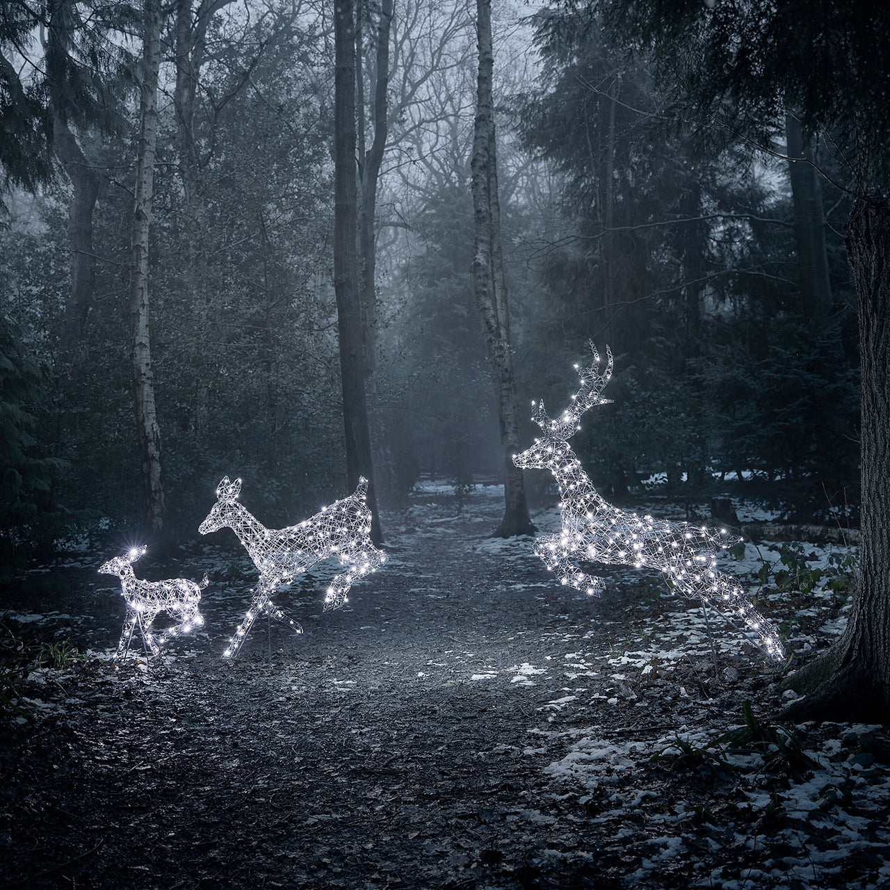 Trio de biche et faon de noël Harlow en rotin 300 LED couleur changeante vue jardin  eneigé