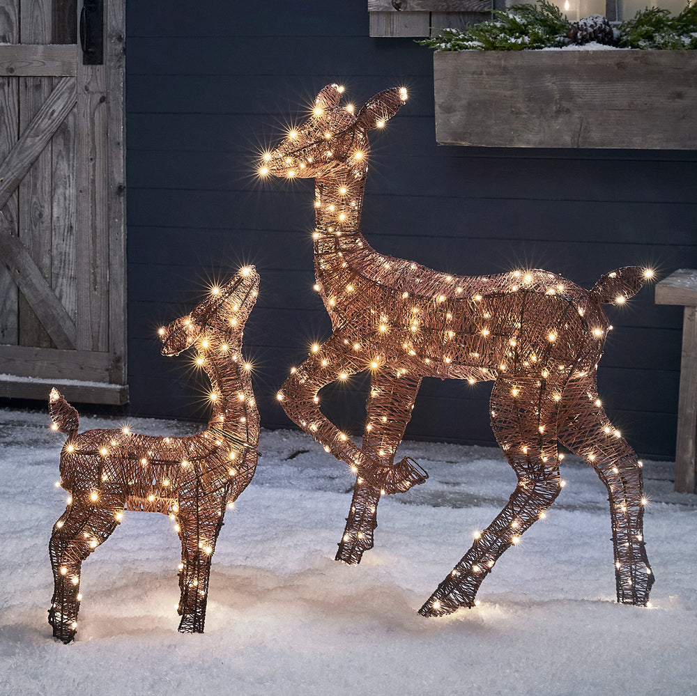 Duo de Rennes de Noël Lumineux Harewood Biche et Faon en Fils de Coton Marrons