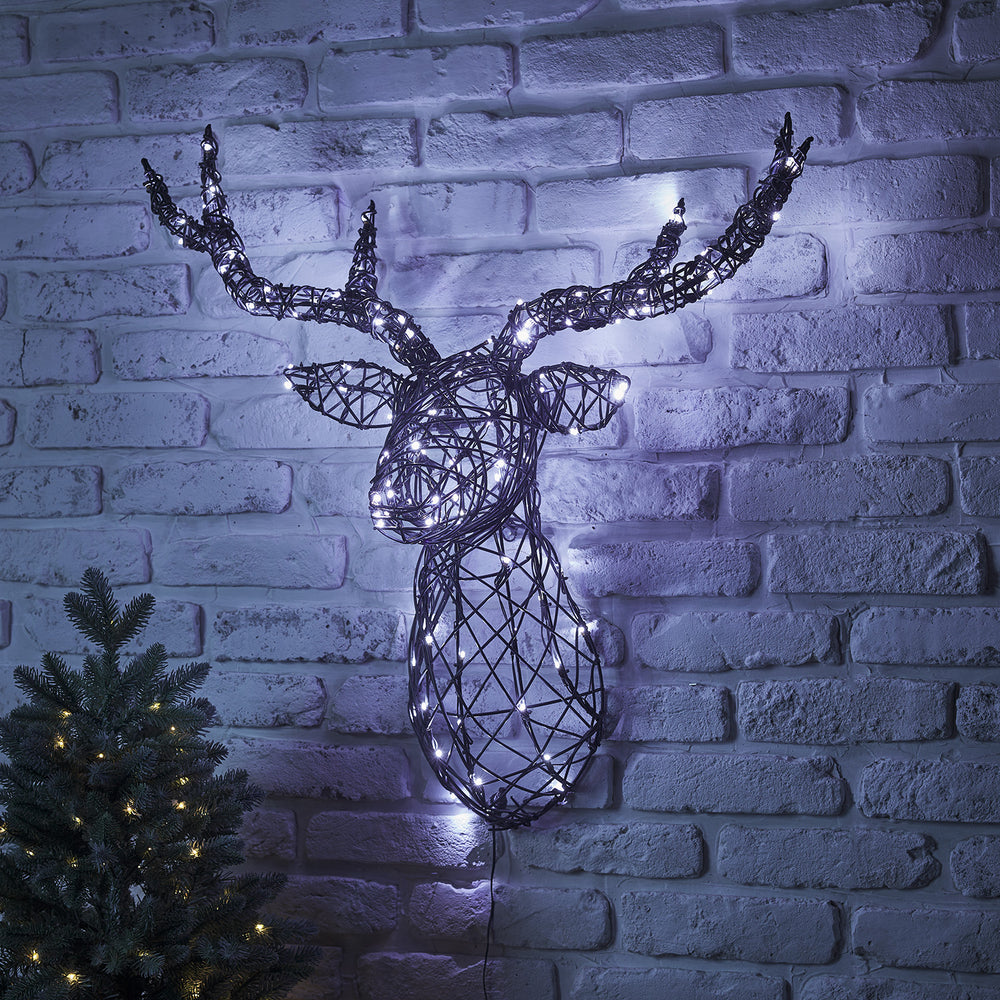 Tête de Cerf Lumineuse Harlow LED Solaire en Rotin de 80 cm
