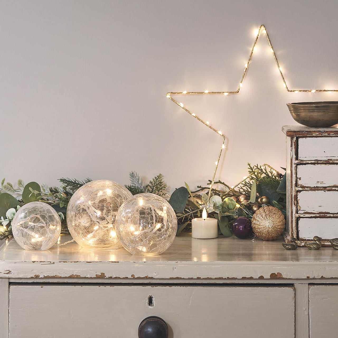Lot de 3 Boules Lumineuses en Verre Craquelé à Piles